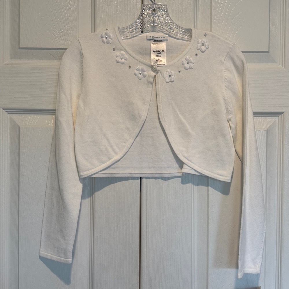 Bonnie Jean Girls White Cardigan with Floral Accents